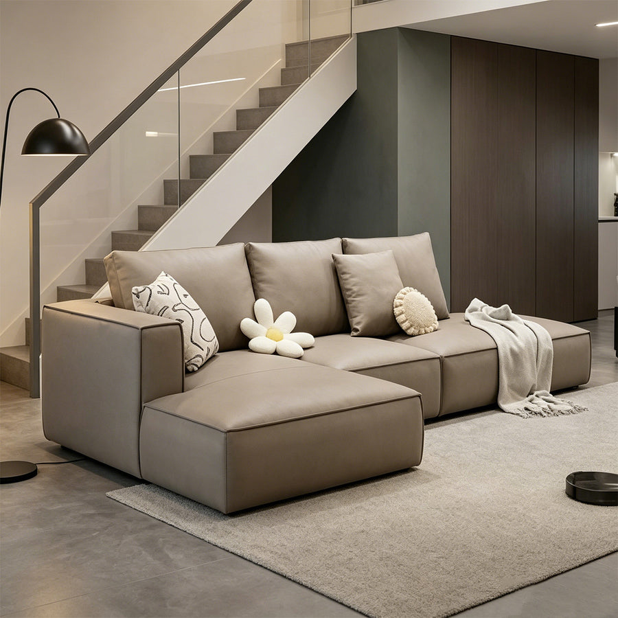 Zora Four Seater Corner Sofa, Real Leather, Beige