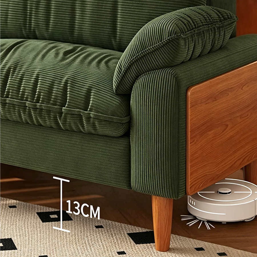 Rodríguez Two Seater, Three Seater, Four Seater Corduroy Sofa, Green, Ash Wood upholstery and cushion detail