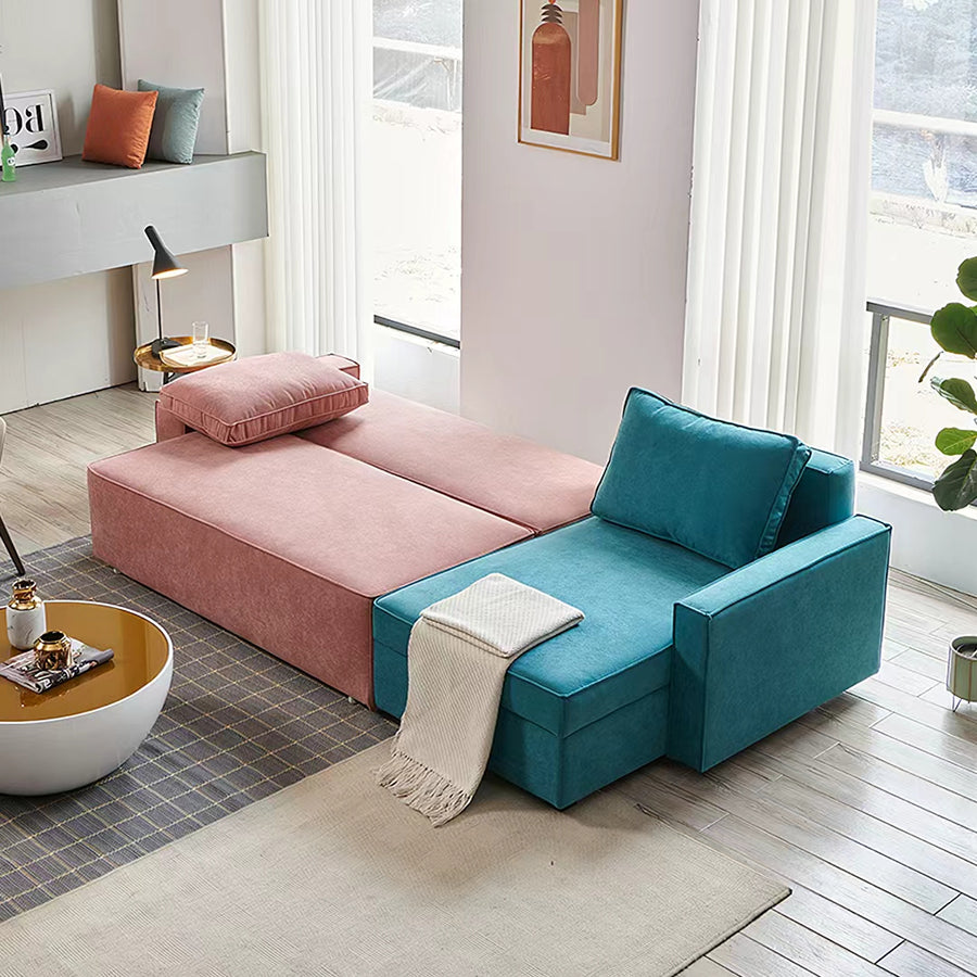 Adnan L Shape Three Seater Corner Sofa Bed, With Storage, Blue & Pink side view showing sofa bed layout