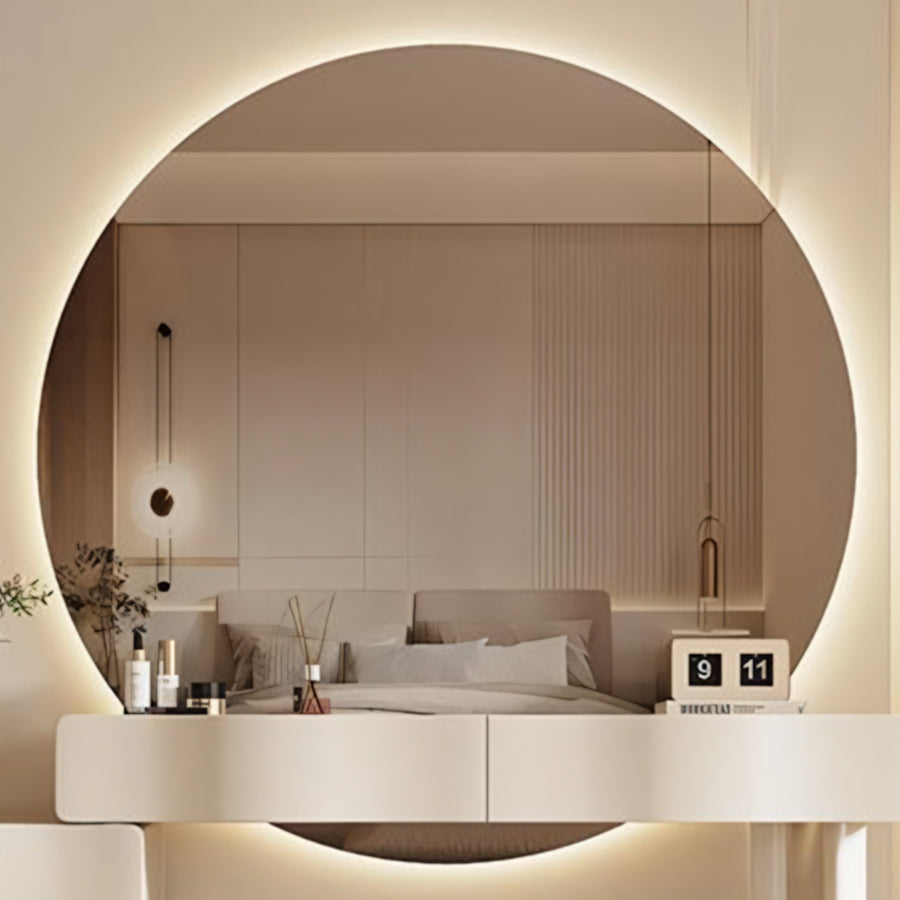 Turner Dressing Table With Large LED Mirror lifestyle view with wooden dressing table with mirror and stool