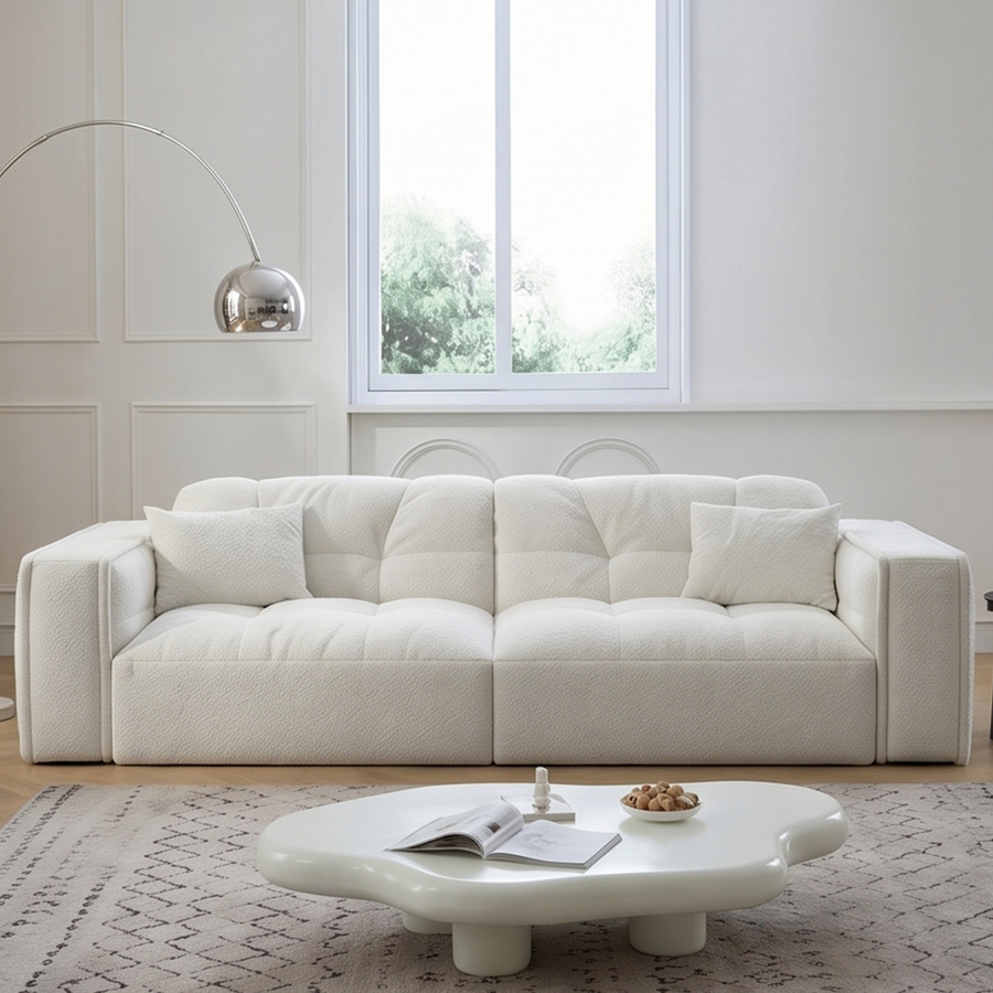 Rita Two Seater, Three Seater, Four Seater Sofa, Boucle lifestyle view with curved two seater sofa