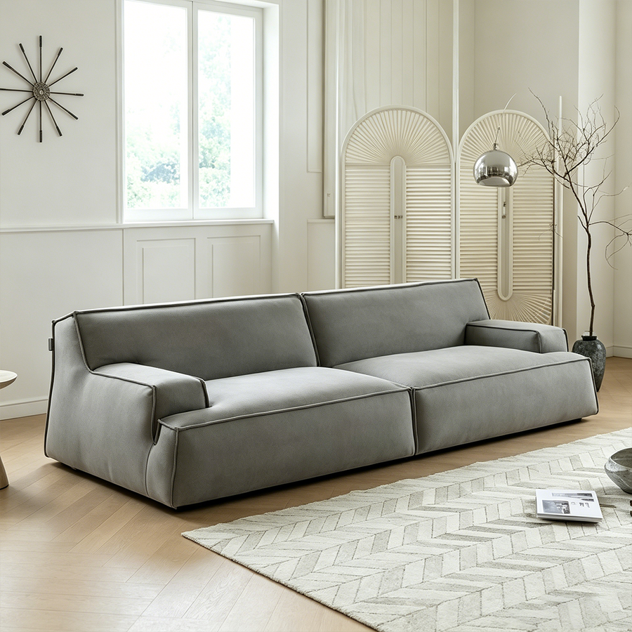 Fanny Two Seater, Three Seater, Four Seater Sofa, Suede lifestyle view with grey two seater sofa