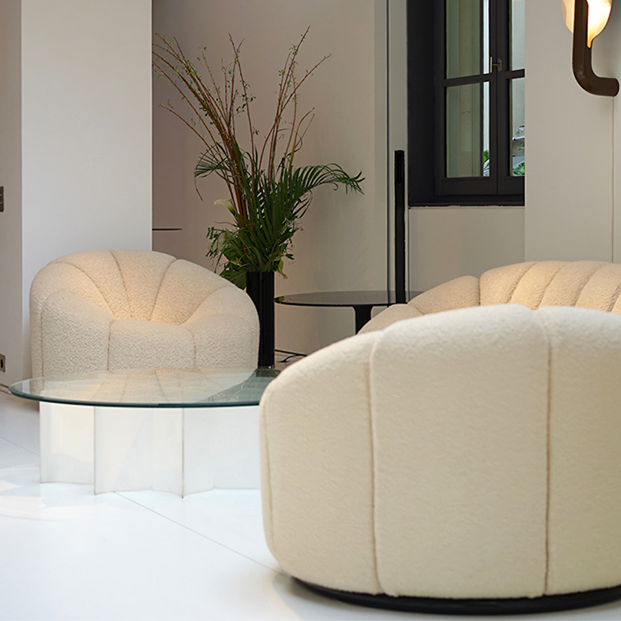 Grace Pumpkin Armchair, White Boucle detail view for accent chair UK