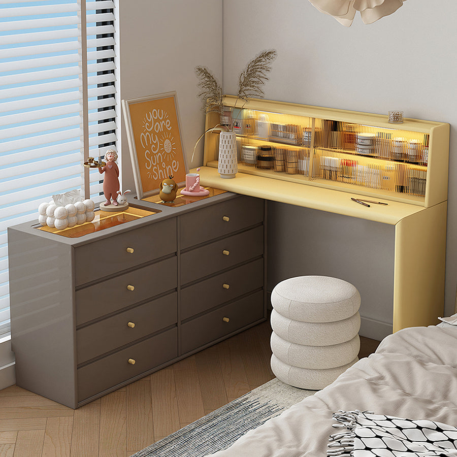 Nair Corner Dressing Table With LED Mirror, Macaroon Colour cabinet and shelf detail