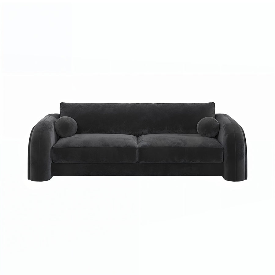 Afolabi Curved Two Seater Sofa, Velvet side view and sofa proportion