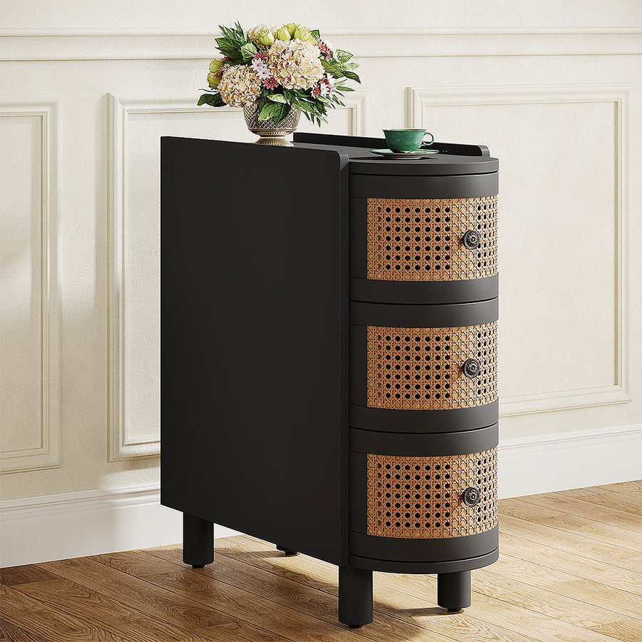 Josephine Rattan Side Table styled for storage cabinet