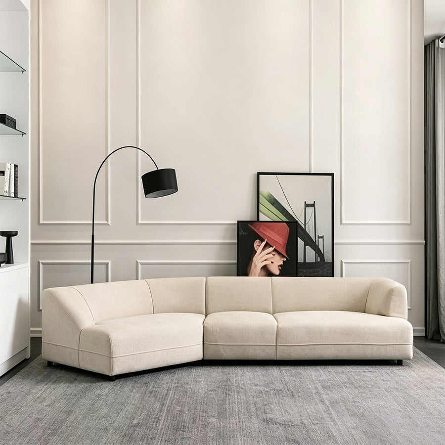 Hoshi Two Seater, Three Seater, Curved Sofa, Linen upholstery and cushion detail