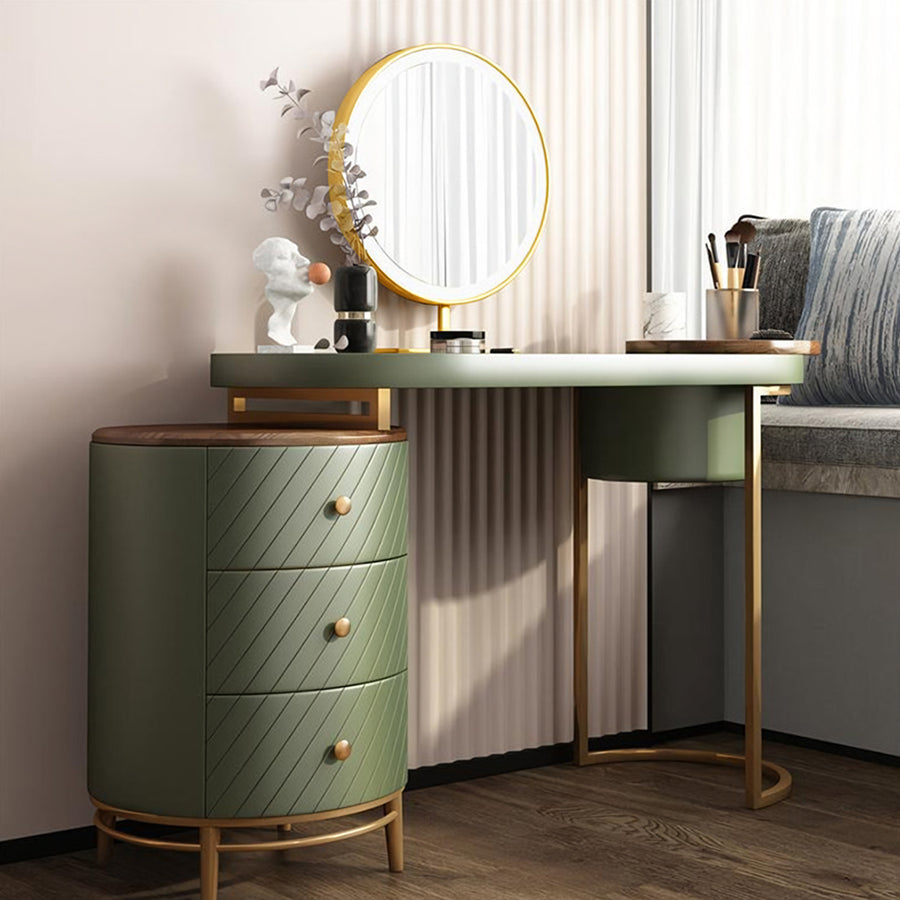 Tandy Dressing Table, Green/ White/ Black And Gold storage detail and media unit finish