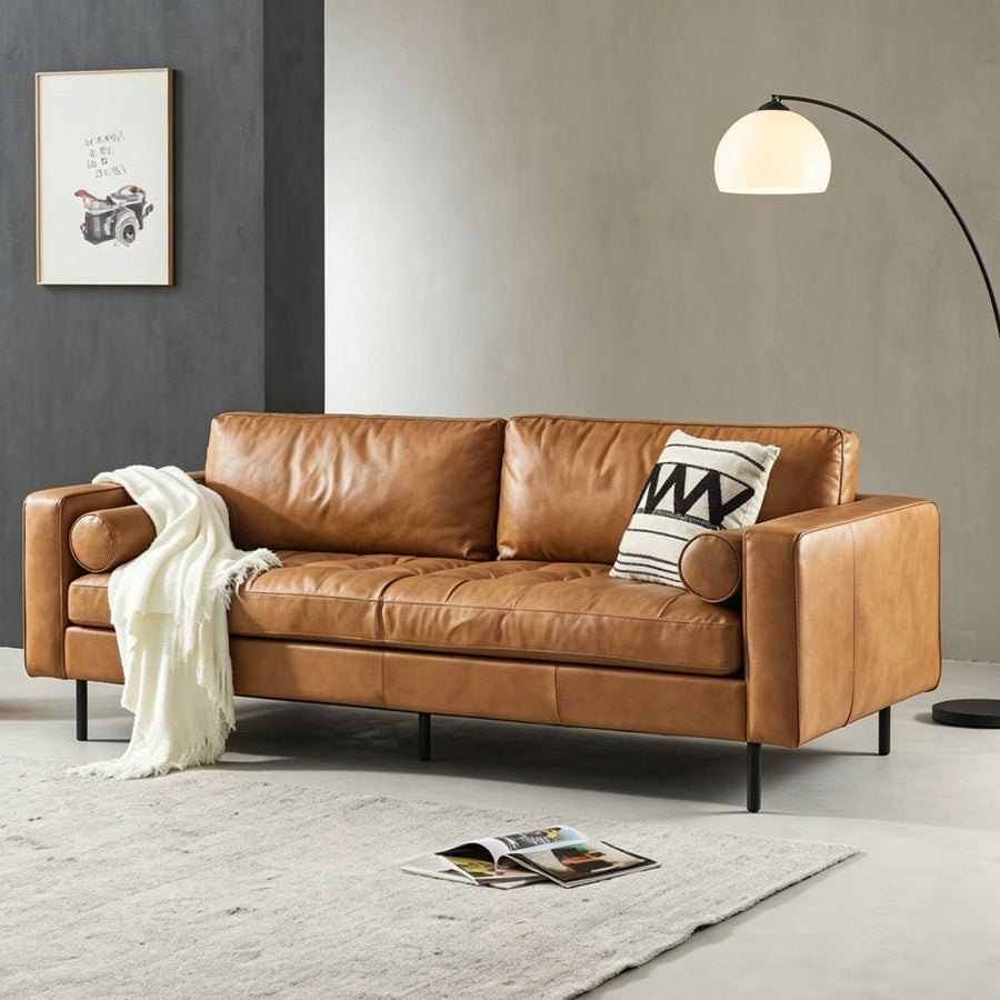 Fuller Brown Two Seater, Three Seater Sofa, Real Leather front view as a small two seater sofa