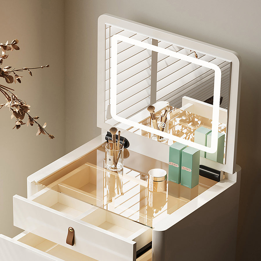 Flores Small Dressing Table With LED Mirror & Chair, Off White room setting for TV storage