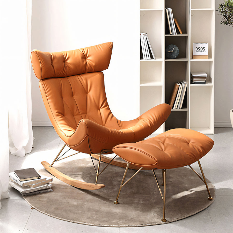 Anwar Rocking Chair With Footstool, Orange Leather styled for accent chair