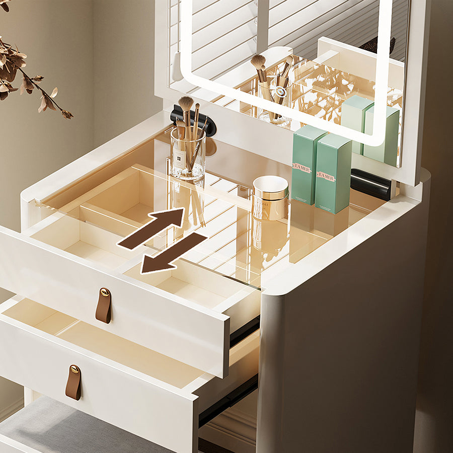Flores Small Dressing Table With LED Mirror & Chair, Off White storage detail and media unit finish