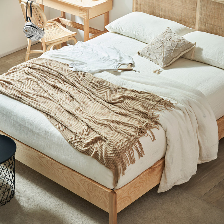 Mason King Size Bed, Superking Size Bed, Rattan & Solid Wood, Oak detail view for storage bed UK