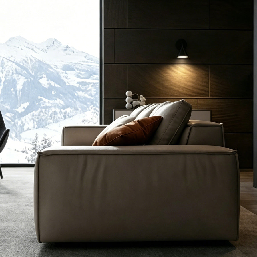 Zora Two Seater Sofa, Real Leather, Beige front view as a small two seater sofa