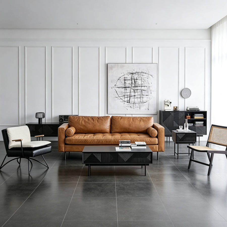 Fuller Brown Two Seater, Three Seater Sofa, Real Leather lifestyle view with two seater sofa brown