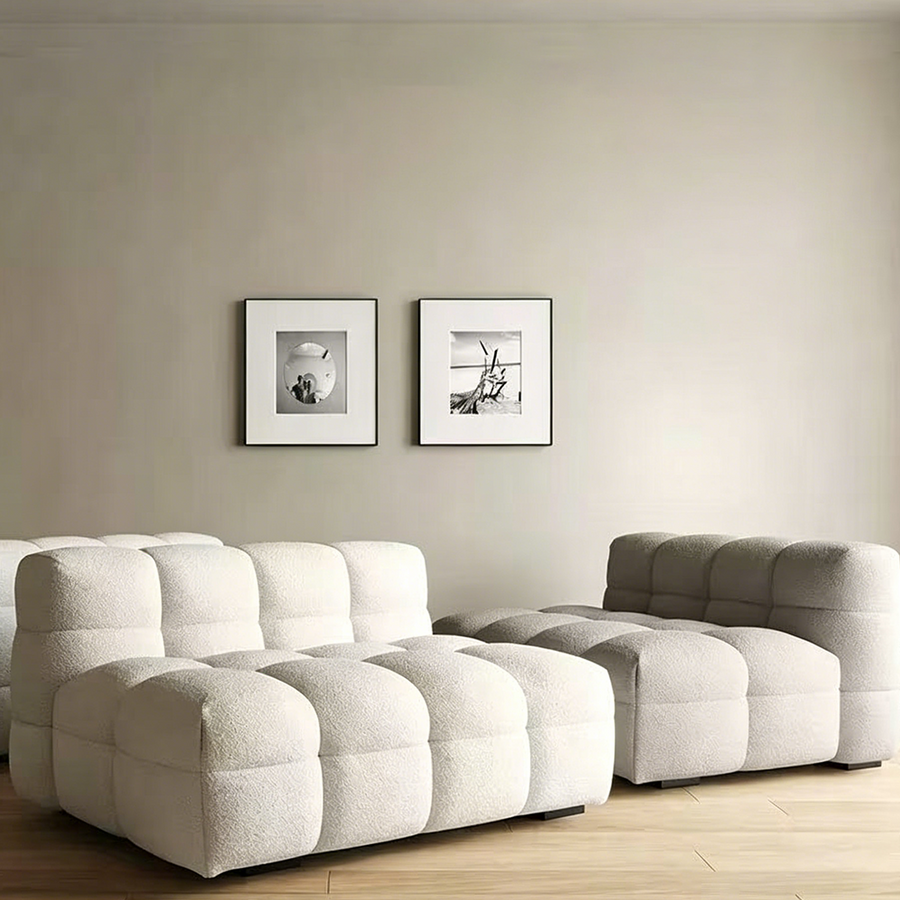 Cora Single Seater, Two Seater Sofa, Lazy Sofa, Boucle lifestyle view with two seater sofas uk