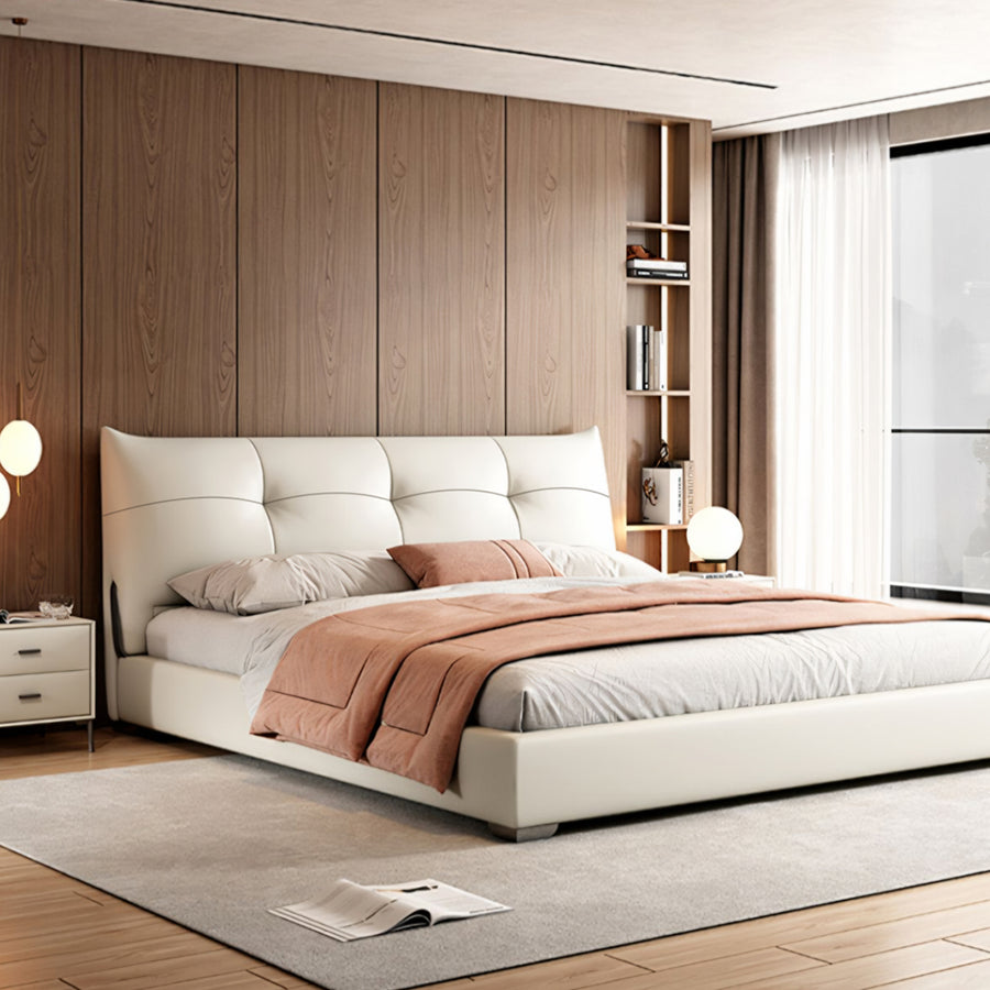 Arjun King Size Superking Size Bed, Leather detail view for storage bed UK