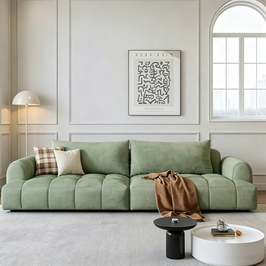 Grayson Puff Two Seater, Three Seater, Four Seater Sofa, Suede upholstery and cushion detail