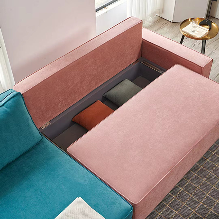Adnan L Shape Three Seater Corner Sofa Bed, With Storage, Blue & Pink folded and open sofa bed function