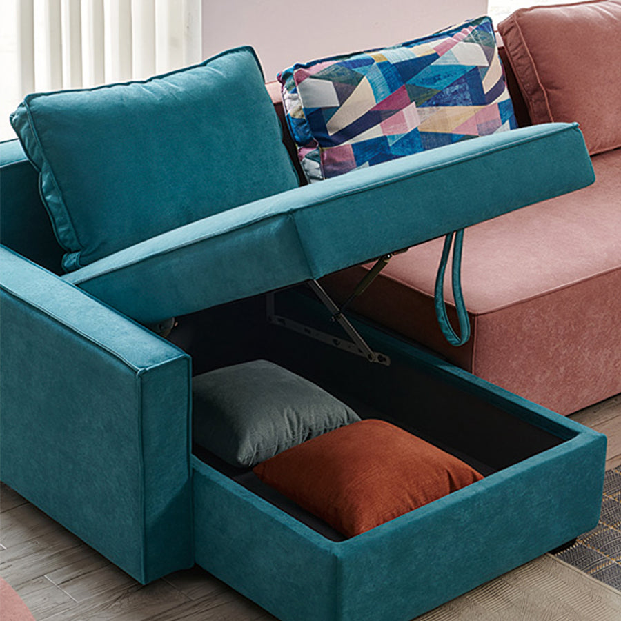 Adnan L Shape Three Seater Corner Sofa Bed, With Storage, Blue & Pink seating detail for small spaces