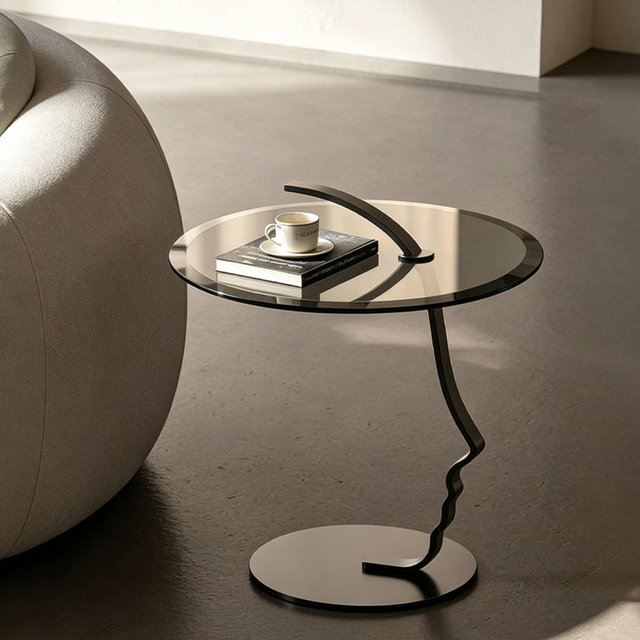 Theobald Face Side Table, Carbon Steel Rack & Tempered Glass