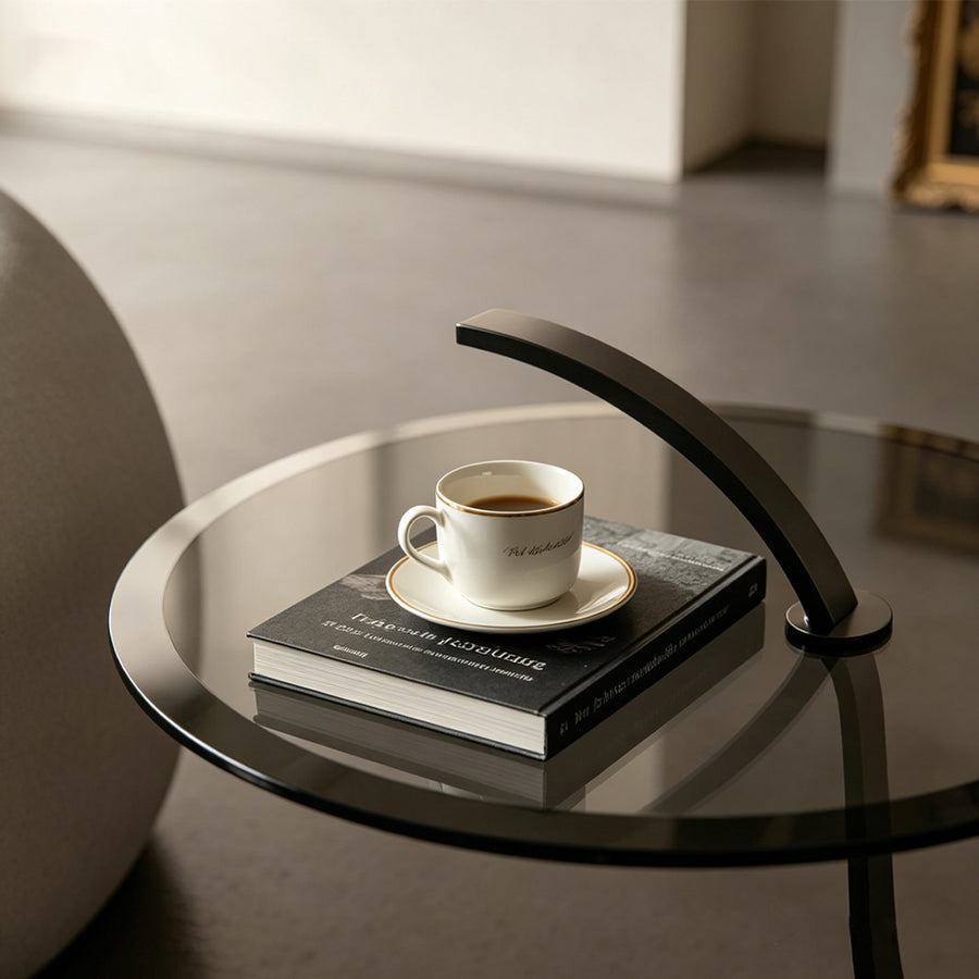 Theobald Face Side Table, Carbon Steel Rack & Tempered Glass