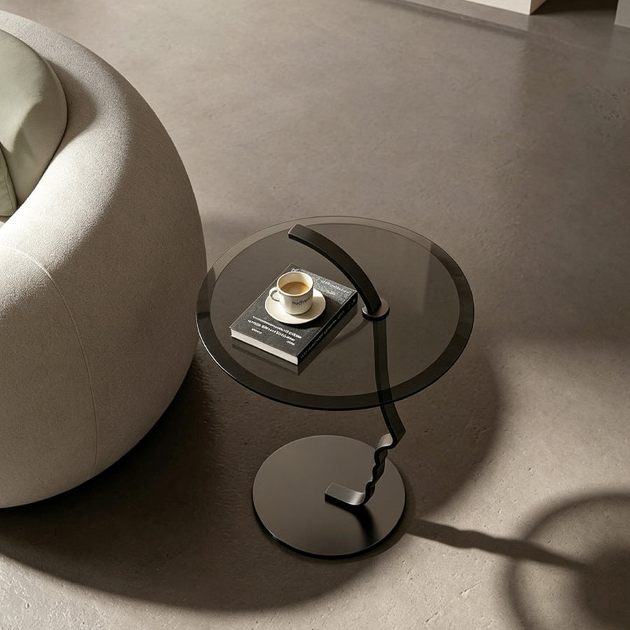 Theobald Face Side Table, Carbon Steel Rack & Tempered Glass