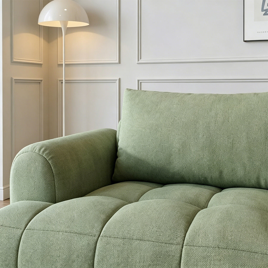 Grayson Puff Two Seater, Three Seater, Four Seater Sofa, Suede side view and sofa proportion