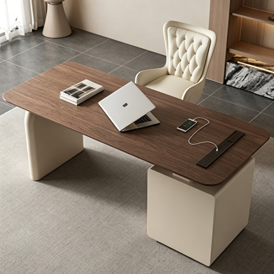 Bureau Ahn avec rangements, Noyer et Crème