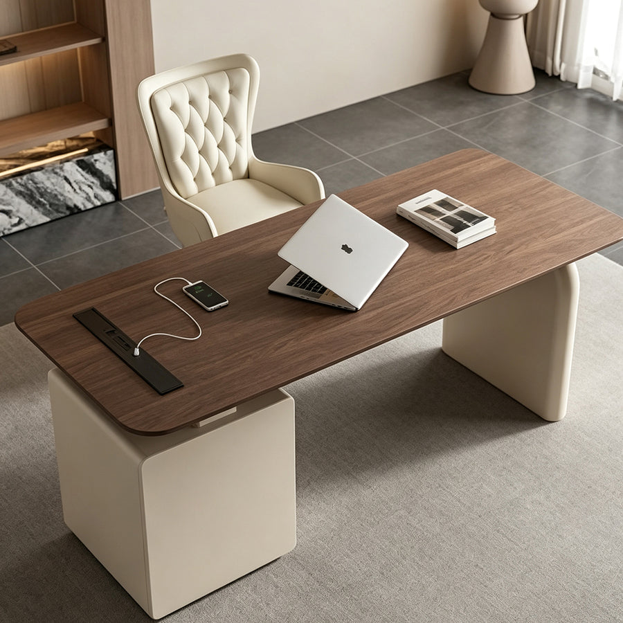 Bureau Ahn avec rangements, Noyer et Crème