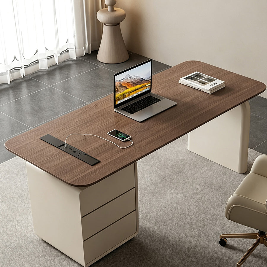 Bureau Ahn avec rangements, Noyer et Crème