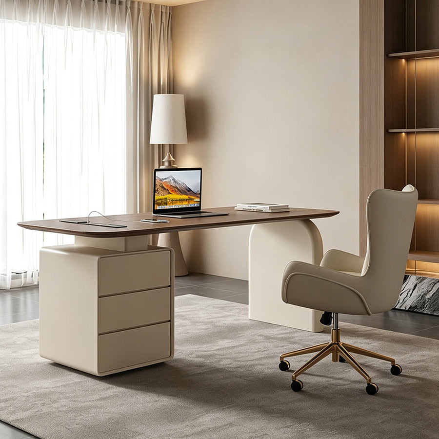 Bureau Ahn avec rangements, Noyer et Crème