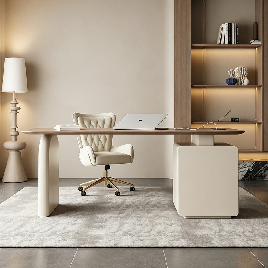 Bureau Ahn avec rangements, Noyer et Crème