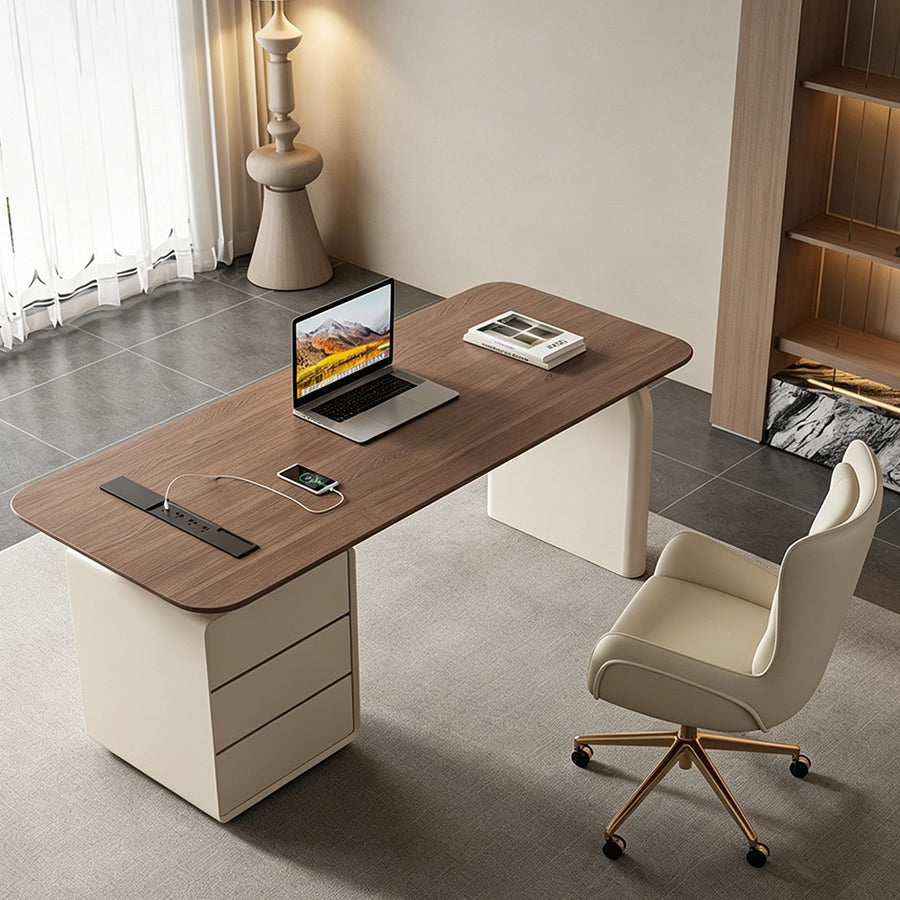 Bureau Ahn avec rangements, Noyer et Crème