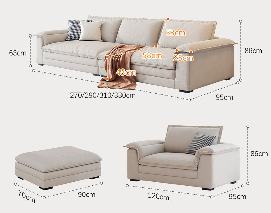 Aiden Sailboat Two Seater, Three Seater Four Seater Sofa, Suede side view and sofa proportion