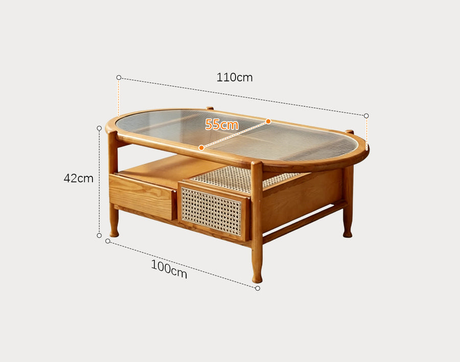 Alethea Rattan Coffee Table, Glass & Solid Wood