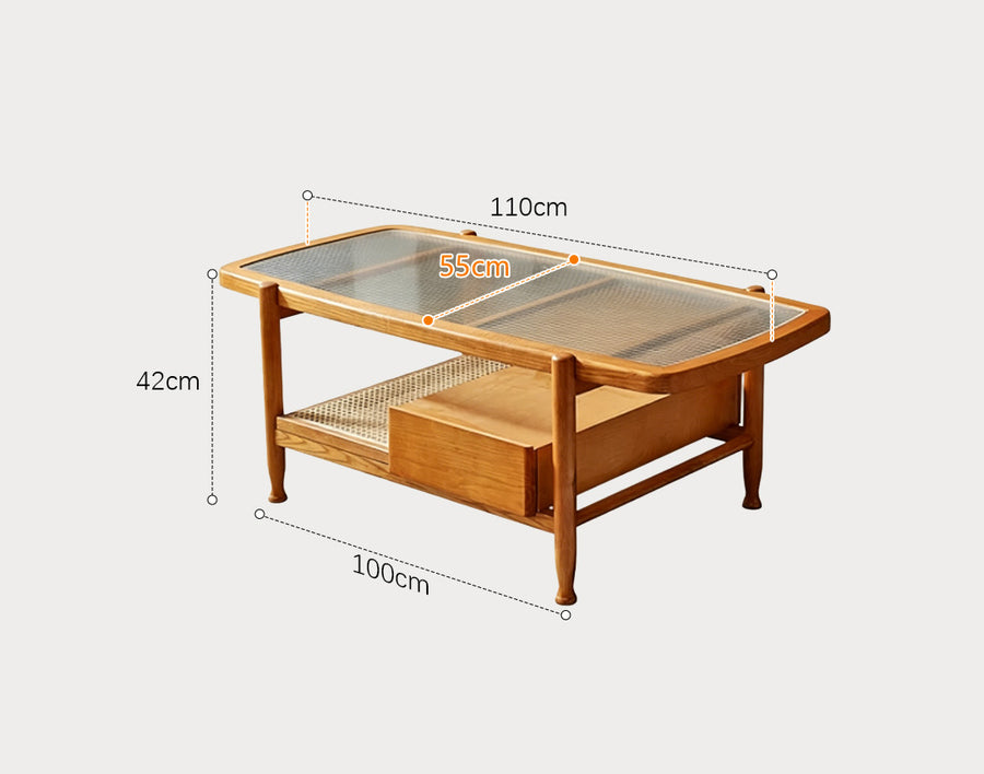Alethea Rattan Coffee Table, Glass & Solid Wood