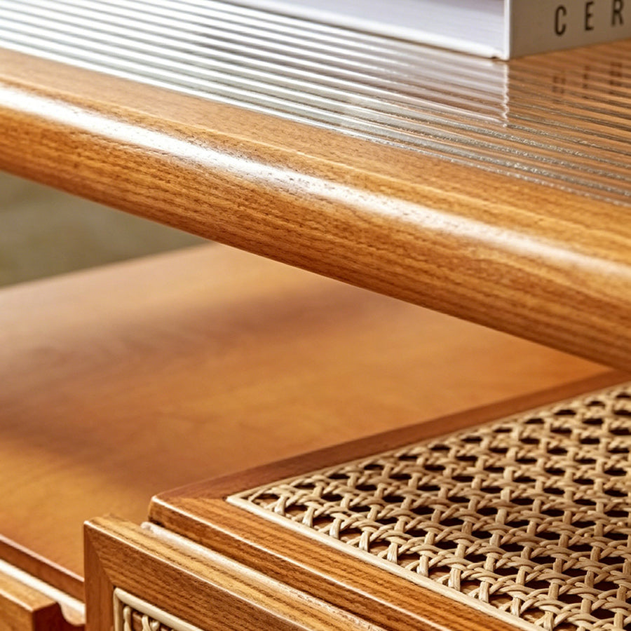 Alethea Rattan Coffee Table, Glass & Solid Wood