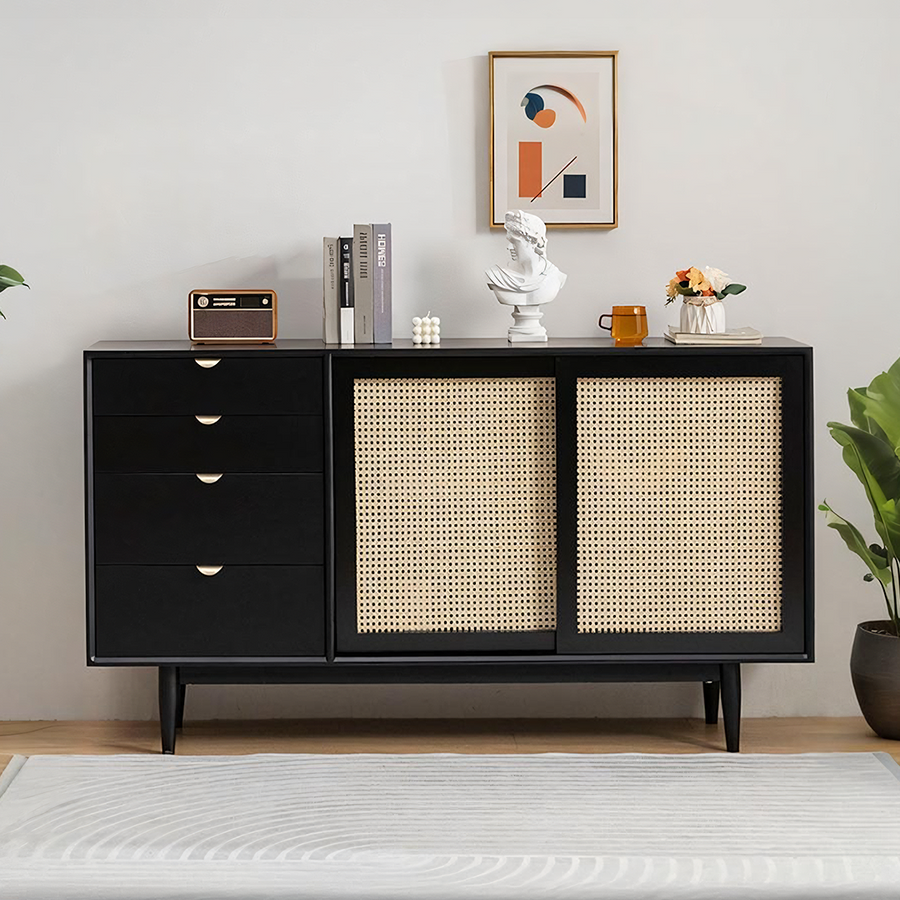 Allson Rattan Sideboard with 4 Drawers, Pine Wood - 4 rattan sideboard UK