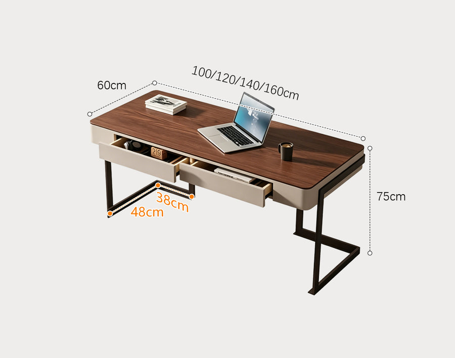Amir Office Desk With Storage Drawers, Cream & Walnut