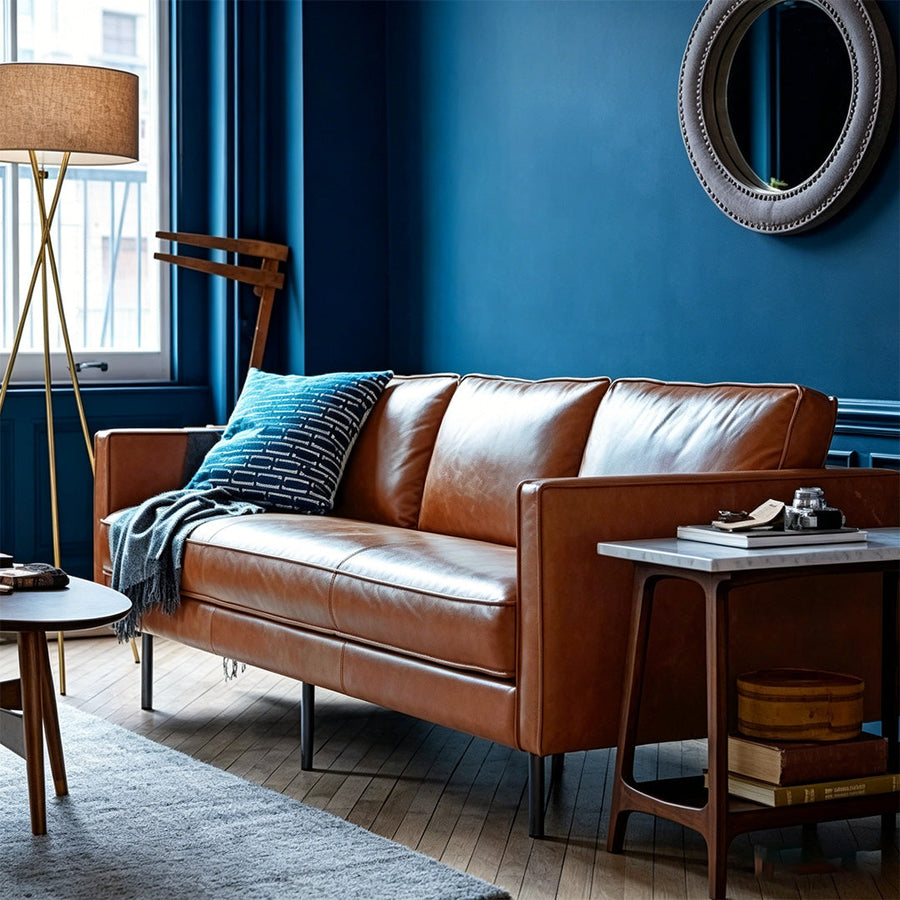 Baxter Two Seater, Three Seater Sofa, Real Leather lifestyle view with black leather two seater sofa