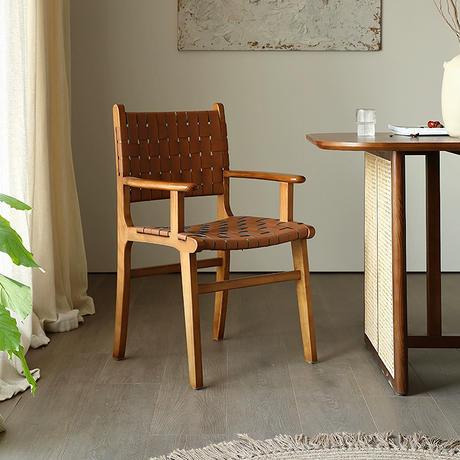 Beau Brown Dining Chair, Ash Wood, With Armrest - wooden dining chair UK