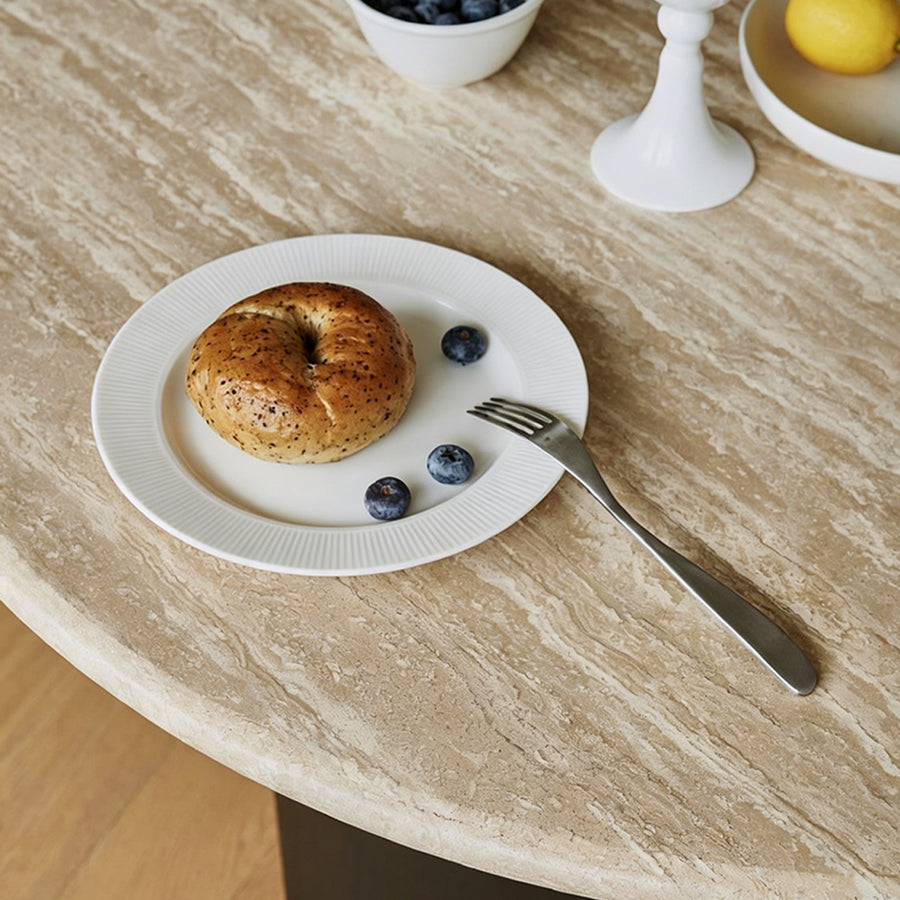 Boulanger Round Dining Table lifestyle view with stone dining table round