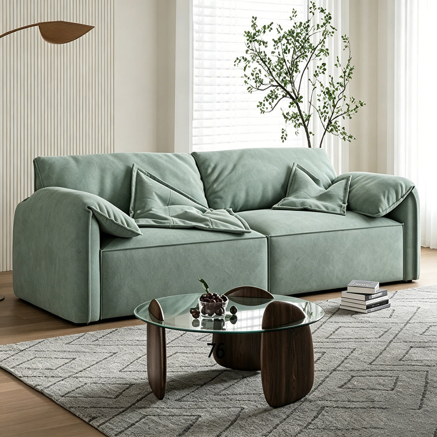 Calista Two Seater Sofa, Suede lifestyle view with white two seater sofa