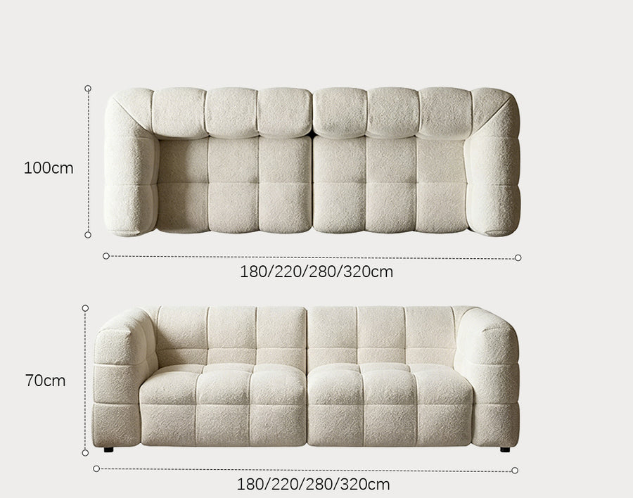Chrissie Marshmallow Two Seater, Three Seater, Four Seater Sofa, Boucle side view and sofa proportion