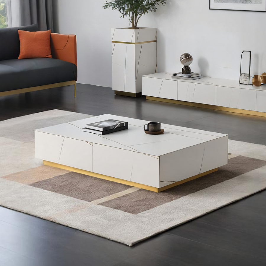 Demelza TV Stand Set With Coffee Table, Gold Base front view as a media unit