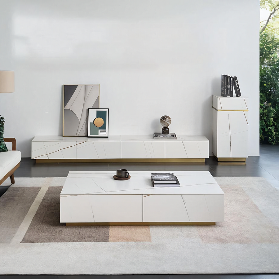 Demelza TV Stand Set With Coffee Table, Gold Base, Sintered Stone - demelza sintered stone coffee table UK