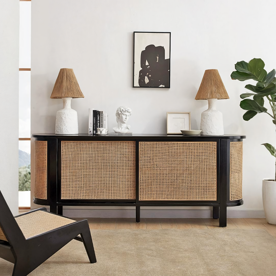 Dot Rattan Sideboard, Ash Wood & Black - dot rattan sideboard rattan sideboard UK