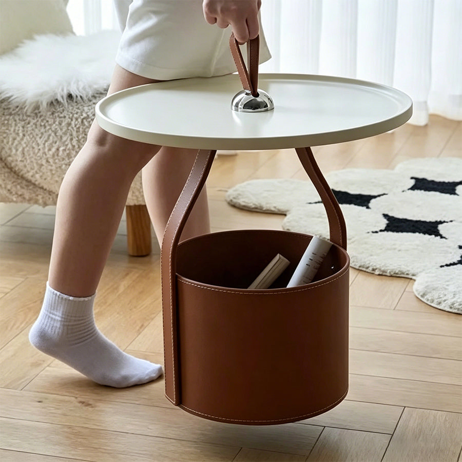 Dottie Portable Side Table with a Storage Basket detail view for leather side table UK