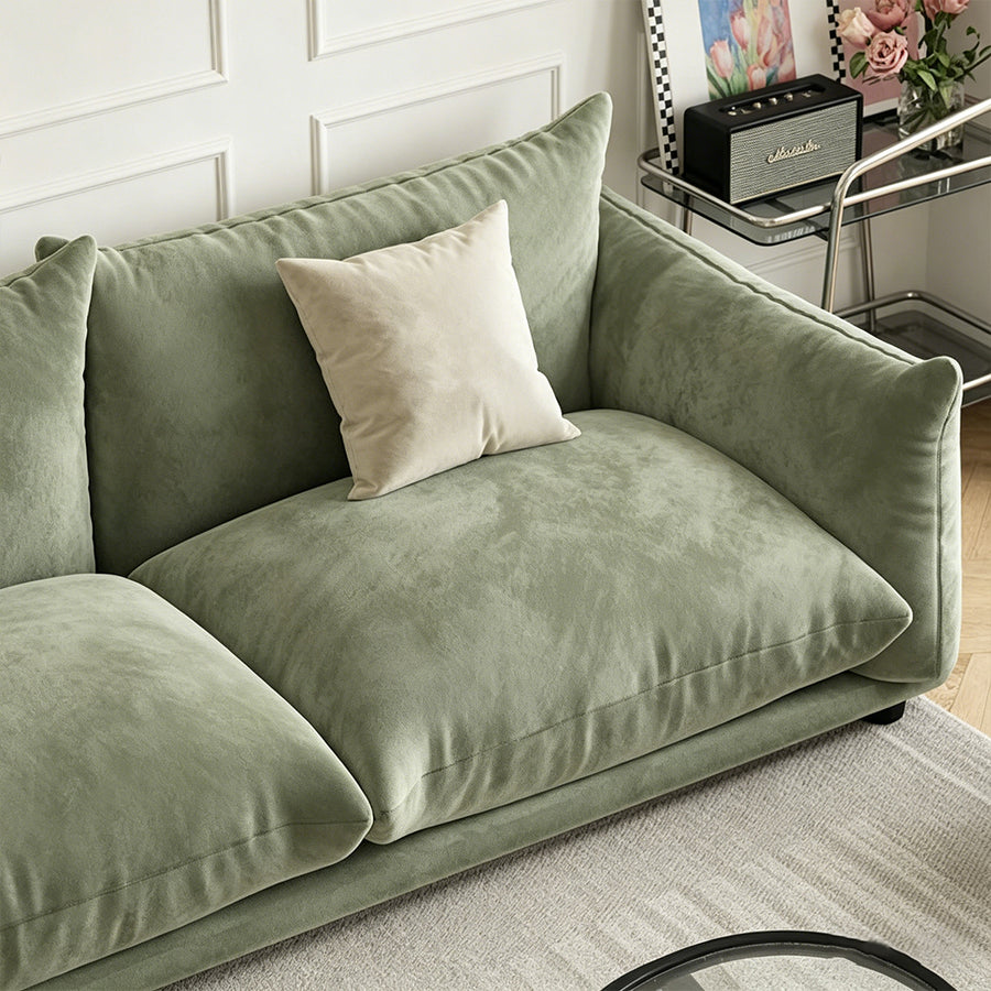 Editha Two Seater Sofa, Three Seater Sofa, Four Seater Sofa, Green Velvet front view as a small two seater sofa